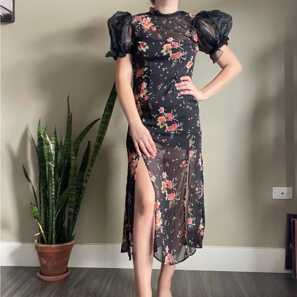 TOPSHOP Organza Puff/Ballon Short Sleeve Floral Sheer Dress, Size 2